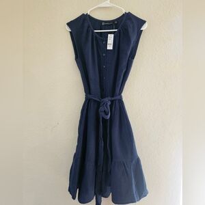New York & Company Dress Womens Small Navy Blue Button‎ Front Waist Tie Midi
